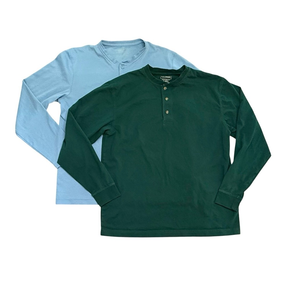 L.L. Bean Carefree Tee Long Sleeve Henley 100% Cotton Blue Green Lot of 2 Medium